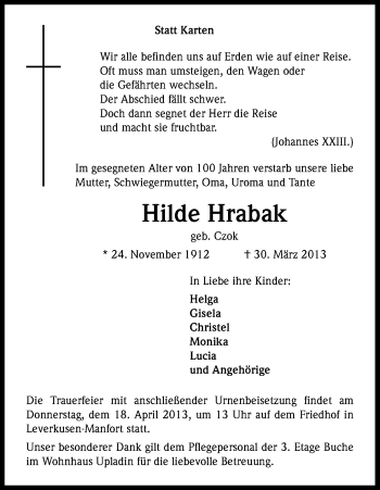 Anzeige von Hilde Hrabak von Kölner Stadt-Anzeiger / Kölnische Rundschau / Express