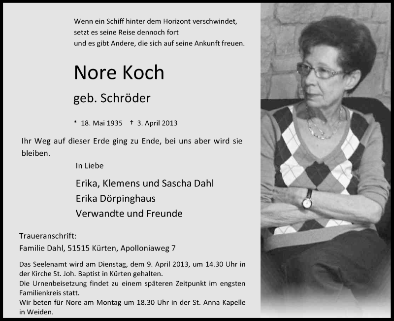  Traueranzeige für Nore Koch vom 06.04.2013 aus Kölner Stadt-Anzeiger / Kölnische Rundschau / Express
