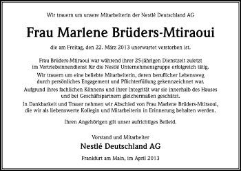 Anzeige von Marlene Brüders-Mtraoui von Kölner Stadt-Anzeiger / Kölnische Rundschau / Express