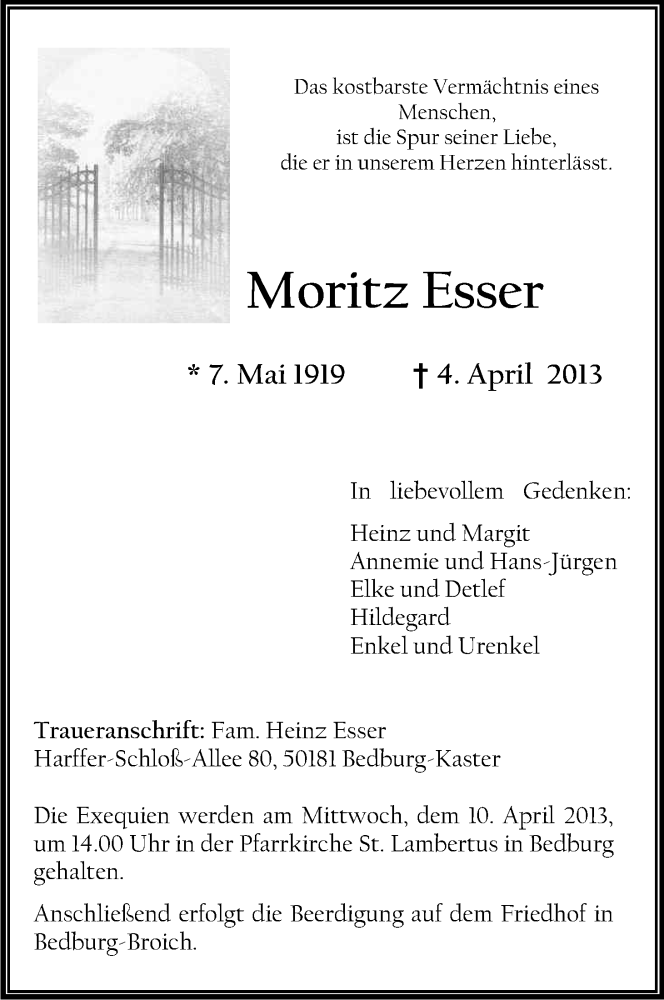 Traueranzeige für Moritz Esser vom 06.04.2013 aus Kölner Stadt-Anzeiger / Kölnische Rundschau / Express