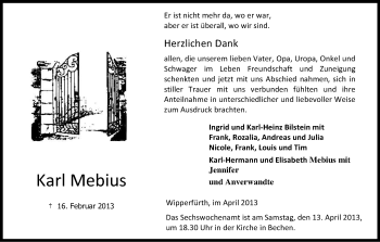Anzeige von Karl Mebius von Kölner Stadt-Anzeiger / Kölnische Rundschau / Express