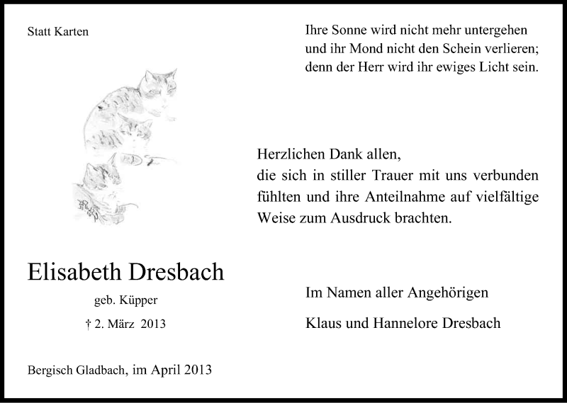  Traueranzeige für Elisabeth Dresbach vom 06.04.2013 aus Kölner Stadt-Anzeiger / Kölnische Rundschau / Express