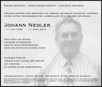 Anzeige von Johann Nedler von Kölner Stadt-Anzeiger / Kölnische Rundschau / Express