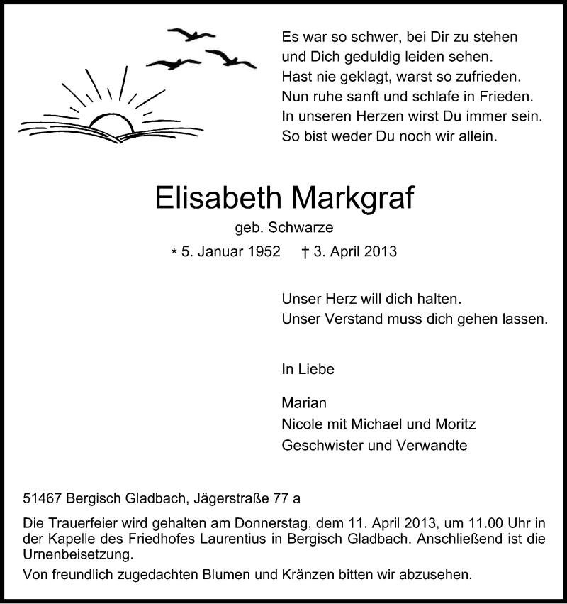  Traueranzeige für Elisabeth Markgraf vom 06.04.2013 aus Kölner Stadt-Anzeiger / Kölnische Rundschau / Express