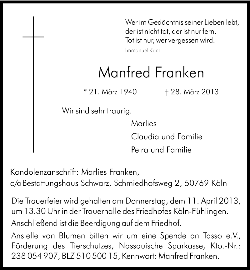  Traueranzeige für Manfred Franken vom 06.04.2013 aus Kölner Stadt-Anzeiger / Kölnische Rundschau / Express