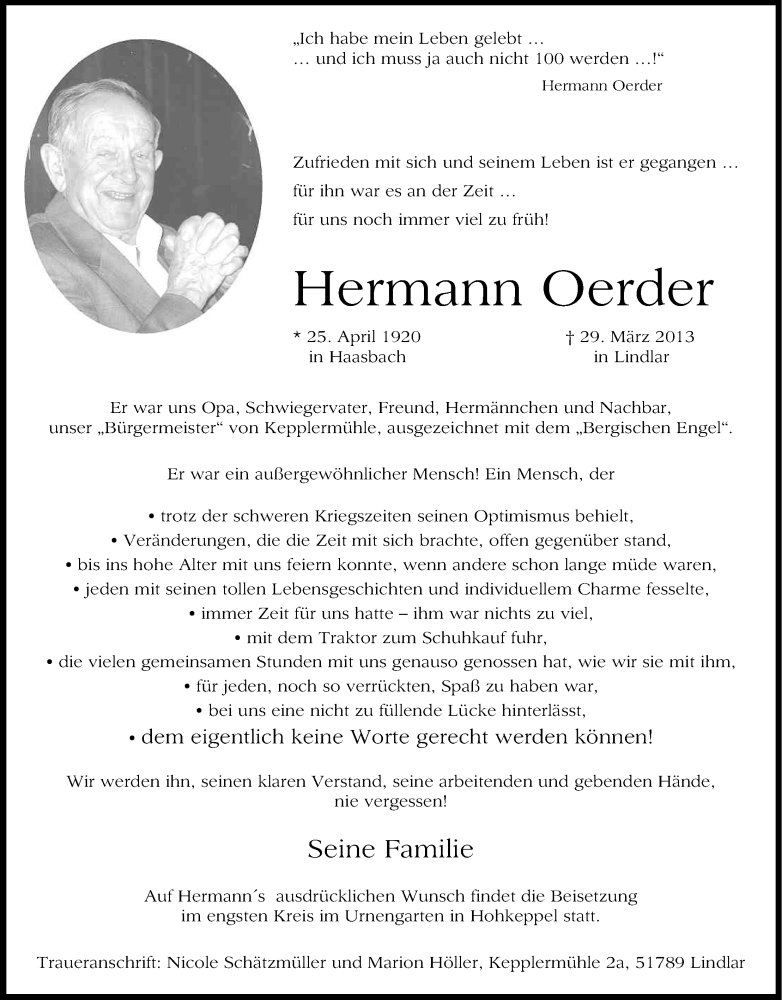  Traueranzeige für Hermann Oerder vom 06.04.2013 aus Kölner Stadt-Anzeiger / Kölnische Rundschau / Express