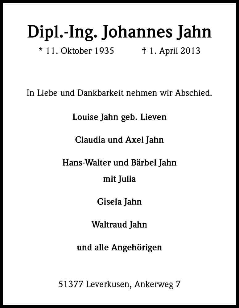  Traueranzeige für Johannes Jahn vom 06.04.2013 aus Kölner Stadt-Anzeiger / Kölnische Rundschau / Express