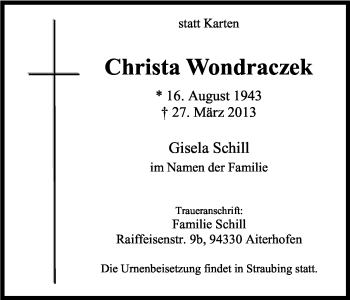 Anzeige von Christa Wondraczek von Kölner Stadt-Anzeiger / Kölnische Rundschau / Express