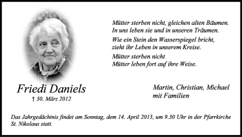 Anzeige von Elfriede Daniels von Kölner Stadt-Anzeiger / Kölnische Rundschau / Express