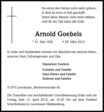 Anzeige von Arnold Goebels von Kölner Stadt-Anzeiger / Kölnische Rundschau / Express