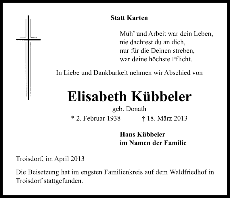  Traueranzeige für Elisabeth Kübbeler vom 06.04.2013 aus Kölner Stadt-Anzeiger / Kölnische Rundschau / Express