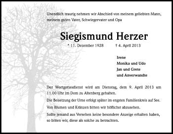Anzeige von Siegismund Herzer von Kölner Stadt-Anzeiger / Kölnische Rundschau / Express