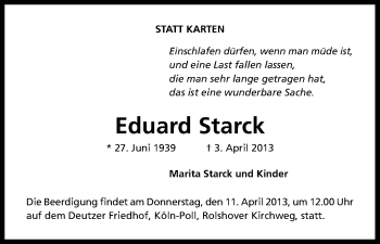Anzeige von Eduard Starck von Kölner Stadt-Anzeiger / Kölnische Rundschau / Express