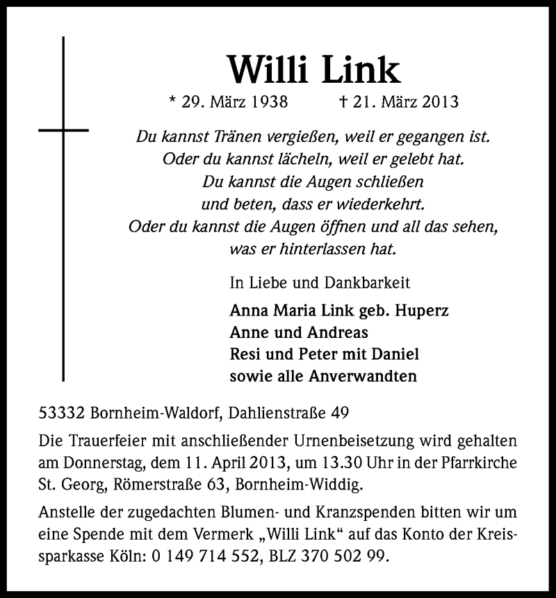  Traueranzeige für Willi Link vom 06.04.2013 aus Kölner Stadt-Anzeiger / Kölnische Rundschau / Express