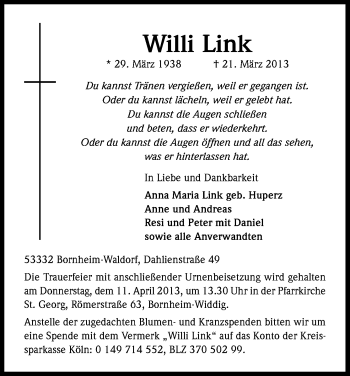 Anzeige von Willi Link von Kölner Stadt-Anzeiger / Kölnische Rundschau / Express