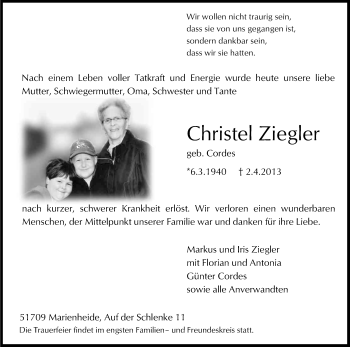Anzeige von Christel Ziegler von Kölner Stadt-Anzeiger / Kölnische Rundschau / Express