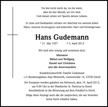 Anzeige von Hans Gudemann von Kölner Stadt-Anzeiger / Kölnische Rundschau / Express