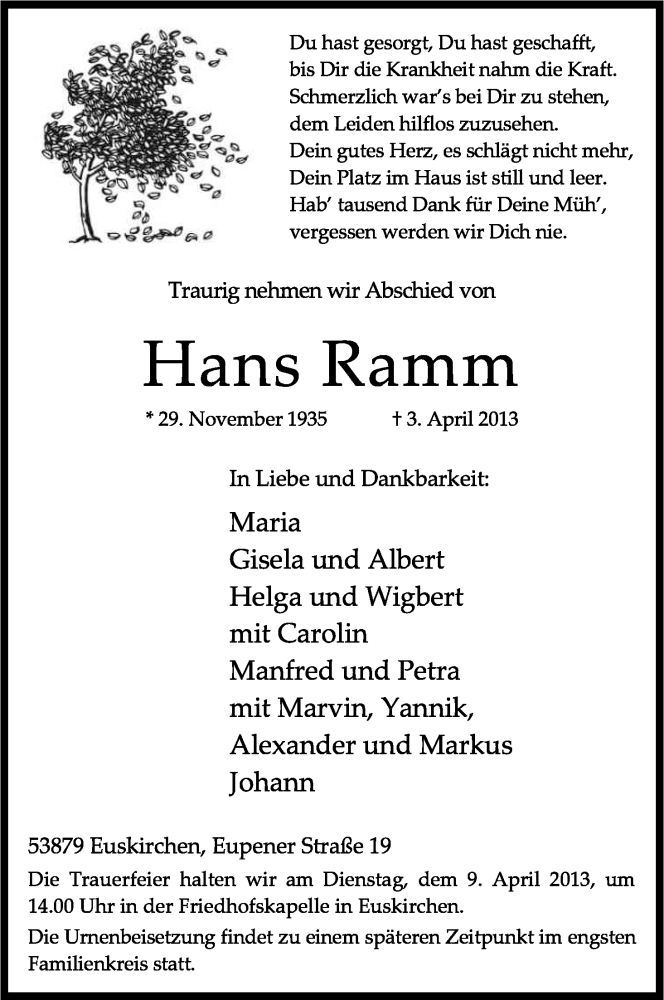  Traueranzeige für Hans Ramm vom 06.04.2013 aus Kölner Stadt-Anzeiger / Kölnische Rundschau / Express