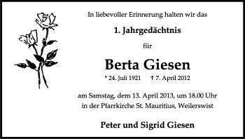 Anzeige von Berta Giesen von Kölner Stadt-Anzeiger / Kölnische Rundschau / Express