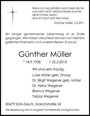 Anzeige von Günther Müller von Kölner Stadt-Anzeiger / Kölnische Rundschau / Express