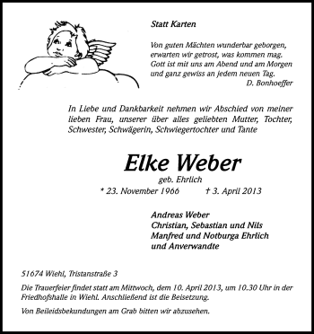 Anzeige von Elke Weber von Kölner Stadt-Anzeiger / Kölnische Rundschau / Express