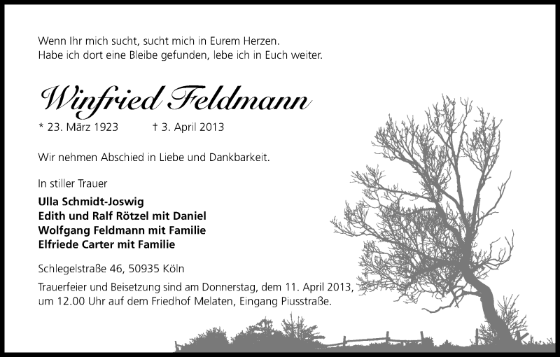  Traueranzeige für Winfried Feldmann vom 06.04.2013 aus Kölner Stadt-Anzeiger / Kölnische Rundschau / Express