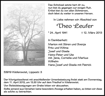 Anzeige von Theo Leufer von Kölner Stadt-Anzeiger / Kölnische Rundschau / Express