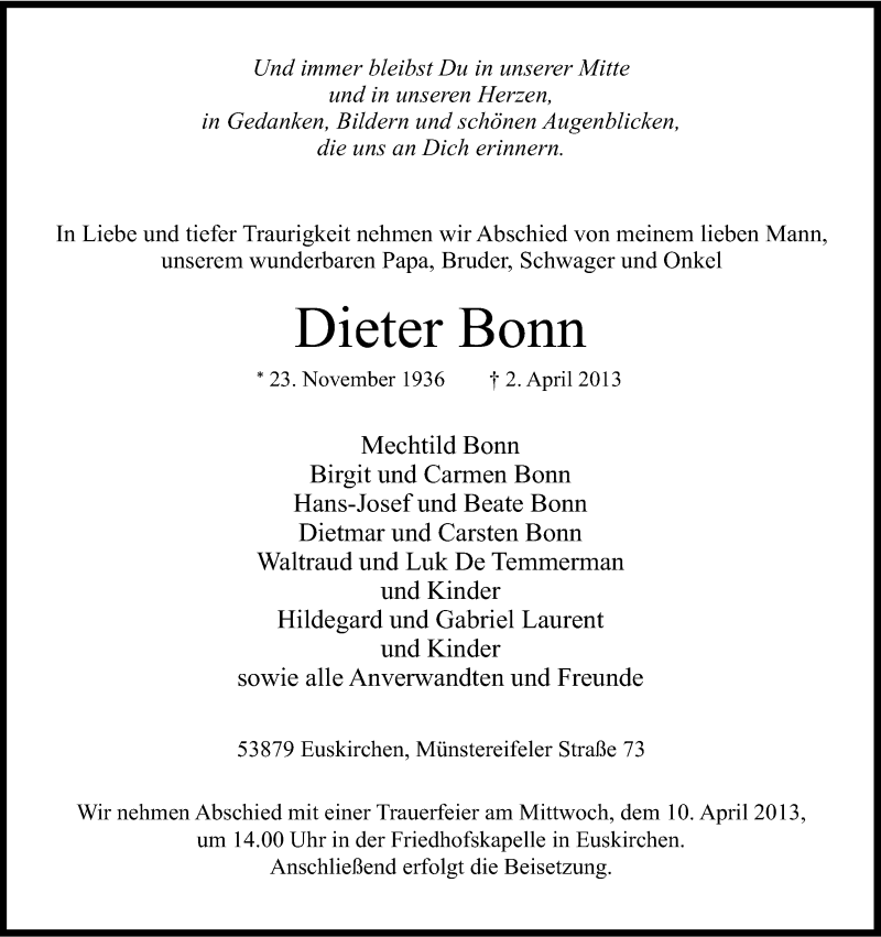  Traueranzeige für Dieter Bonn vom 06.04.2013 aus Kölner Stadt-Anzeiger / Kölnische Rundschau / Express
