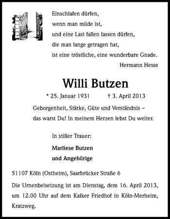 Anzeige von Wilhelm Butzen von Kölner Stadt-Anzeiger / Kölnische Rundschau / Express