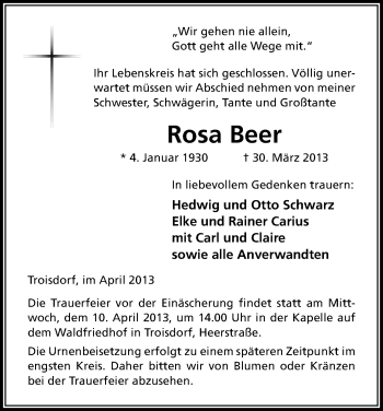 Anzeige von Rosa Beer von Kölner Stadt-Anzeiger / Kölnische Rundschau / Express
