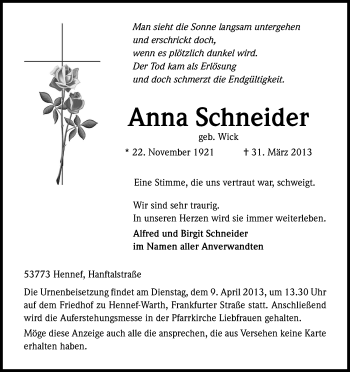 Anzeige von Anna Schneider von Kölner Stadt-Anzeiger / Kölnische Rundschau / Express