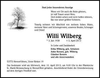 Anzeige von Willi Wilberg von Kölner Stadt-Anzeiger / Kölnische Rundschau / Express