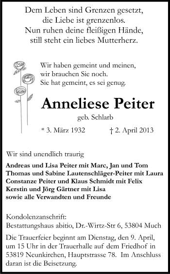 Anzeige von Anneliese Peiter von Kölner Stadt-Anzeiger / Kölnische Rundschau / Express