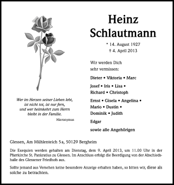 Anzeige von Heinz Schlautmann von Kölner Stadt-Anzeiger / Kölnische Rundschau / Express