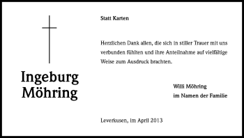 Anzeige von Ingeburg Möhring von Kölner Stadt-Anzeiger / Kölnische Rundschau / Express