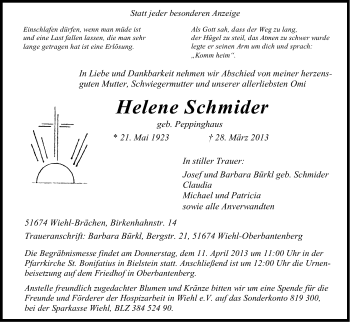 Anzeige von Helene Schmider von Kölner Stadt-Anzeiger / Kölnische Rundschau / Express