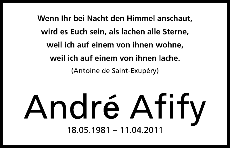  Traueranzeige für André Afify vom 11.04.2013 aus Kölner Stadt-Anzeiger / Kölnische Rundschau / Express