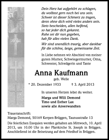 Anzeige von Anna Kaufmann von Kölner Stadt-Anzeiger / Kölnische Rundschau / Express