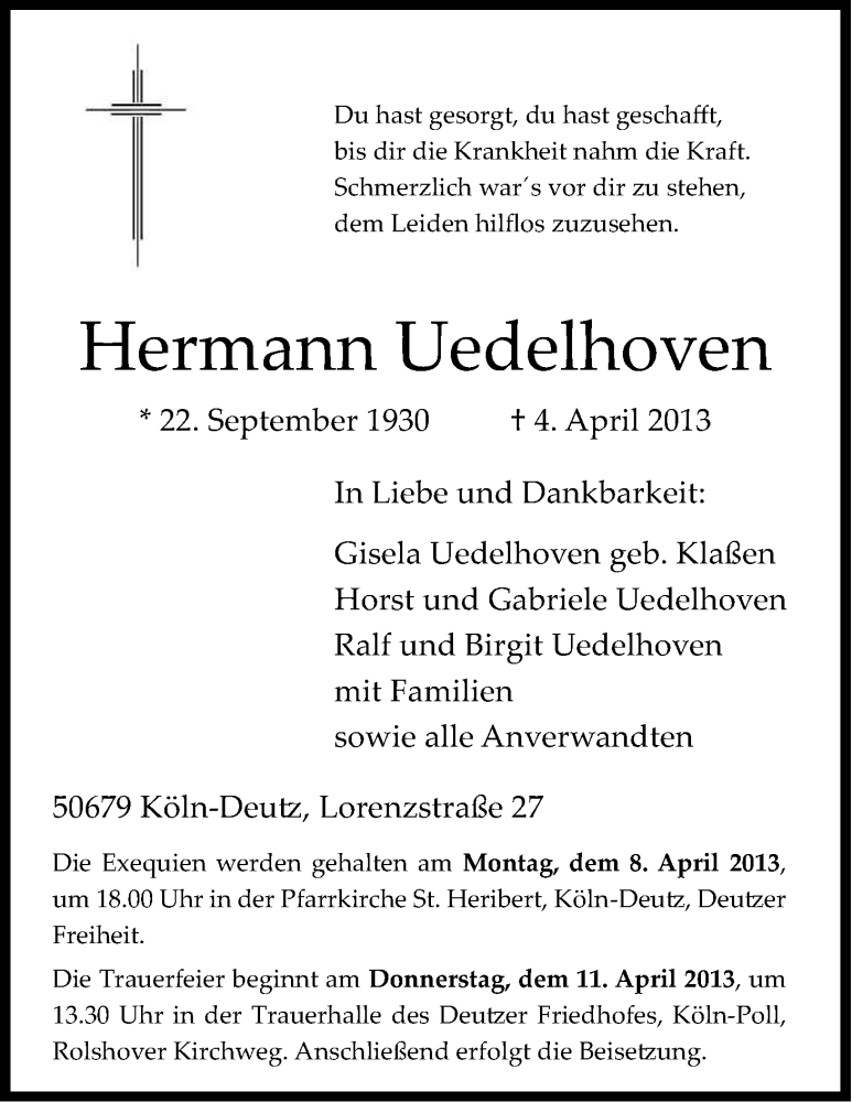  Traueranzeige für Hermann Uedelhoven vom 06.04.2013 aus Kölner Stadt-Anzeiger / Kölnische Rundschau / Express