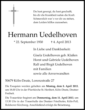 Anzeige von Hermann Uedelhoven von Kölner Stadt-Anzeiger / Kölnische Rundschau / Express
