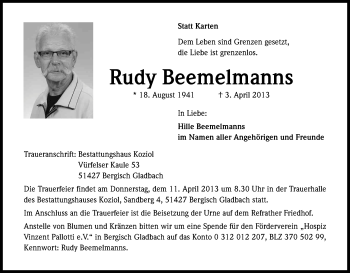 Anzeige von Rudy Beemelmanns von Kölner Stadt-Anzeiger / Kölnische Rundschau / Express