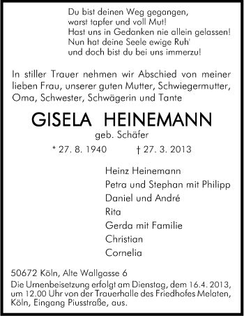 Anzeige von Gisela Heinemann von Kölner Stadt-Anzeiger / Kölnische Rundschau / Express