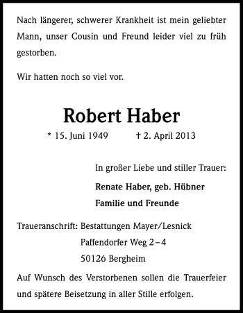 Anzeige von Robert Haber von Kölner Stadt-Anzeiger / Kölnische Rundschau / Express