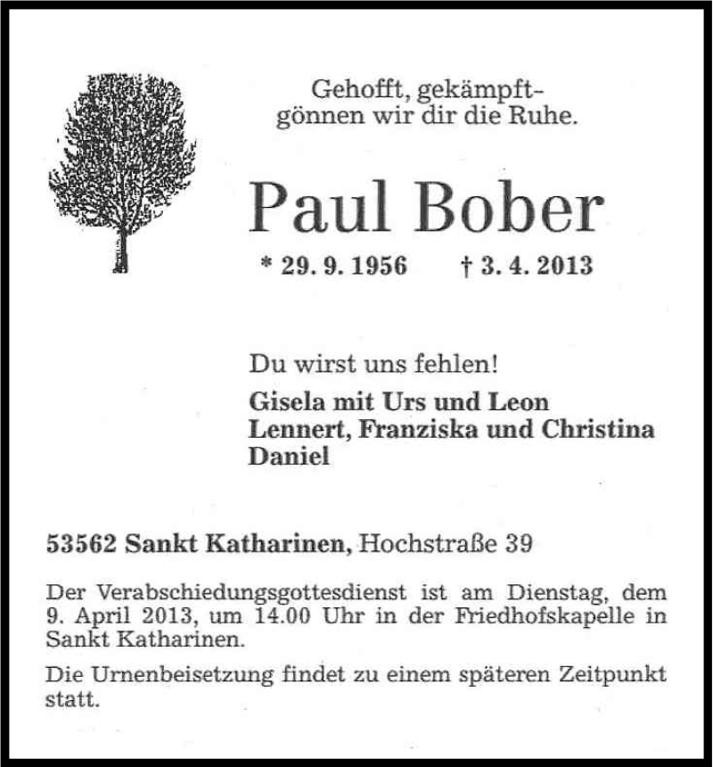  Traueranzeige für Paul Bober vom 06.04.2013 aus Kölner Stadt-Anzeiger / Kölnische Rundschau / Express
