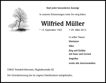 Anzeige von Wilfried Müller von Kölner Stadt-Anzeiger / Kölnische Rundschau / Express