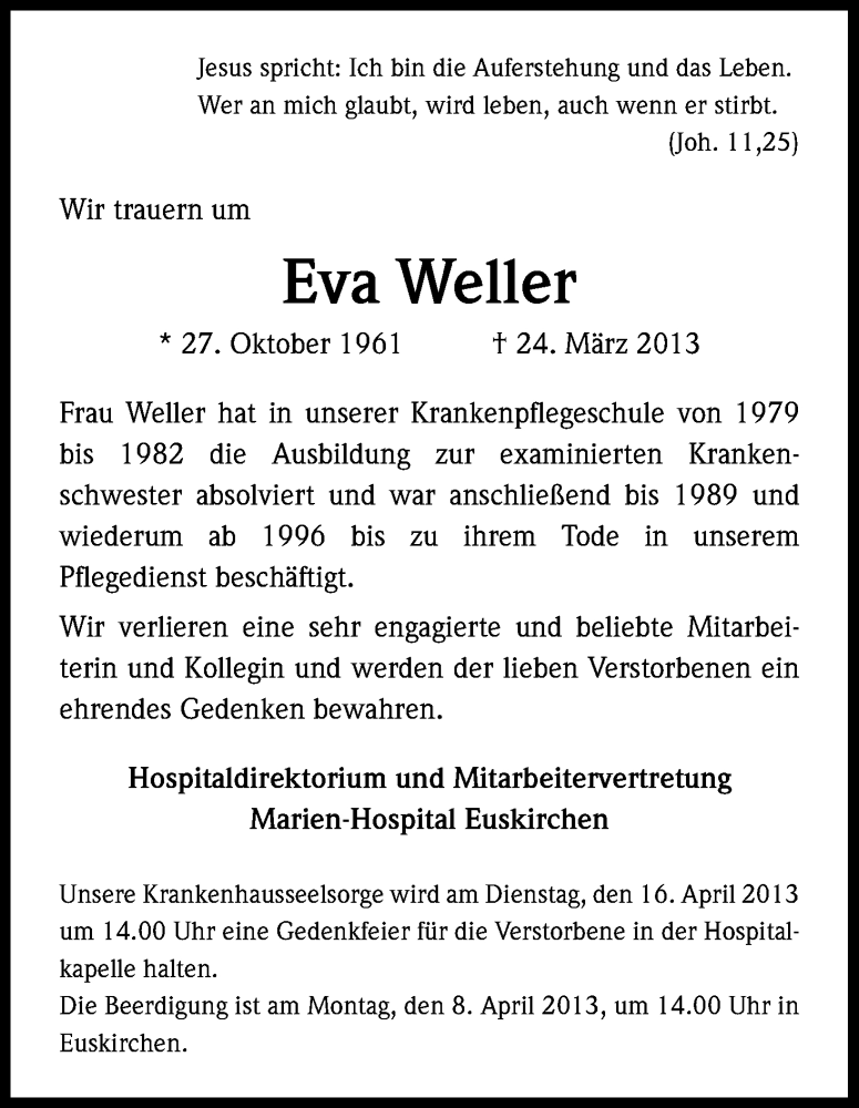  Traueranzeige für Eva Weller vom 06.04.2013 aus Kölner Stadt-Anzeiger / Kölnische Rundschau / Express