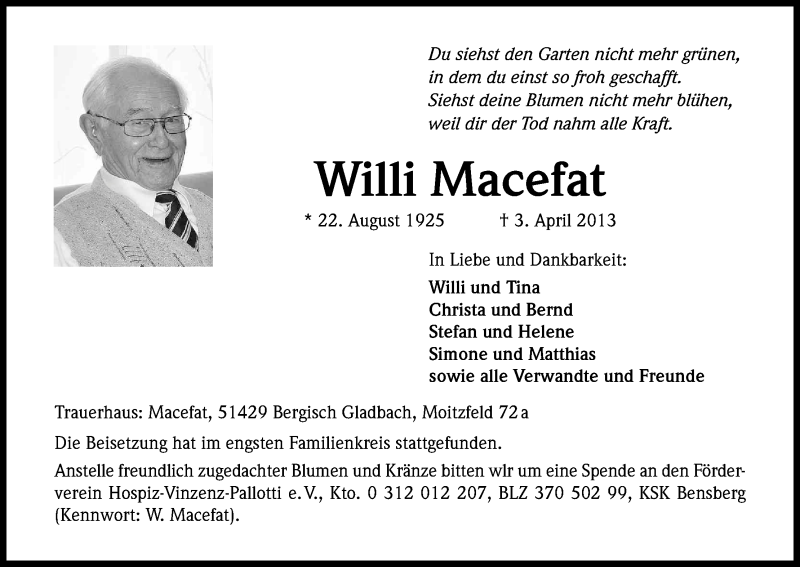  Traueranzeige für Willi Macefat vom 13.04.2013 aus Kölner Stadt-Anzeiger / Kölnische Rundschau / Express