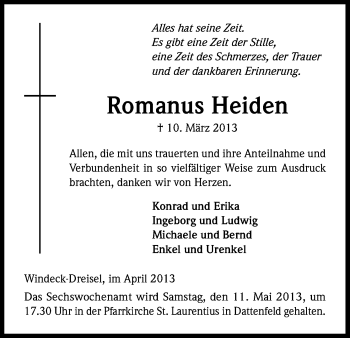 Anzeige von Romanus Heiden von Kölner Stadt-Anzeiger / Kölnische Rundschau / Express