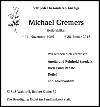 Anzeige von Michael Cremers von Kölner Stadt-Anzeiger / Kölnische Rundschau / Express
