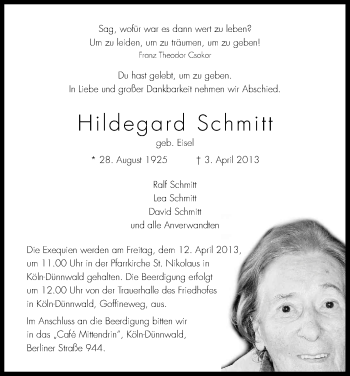 Anzeige von Hildegard Schmitt von Kölner Stadt-Anzeiger / Kölnische Rundschau / Express